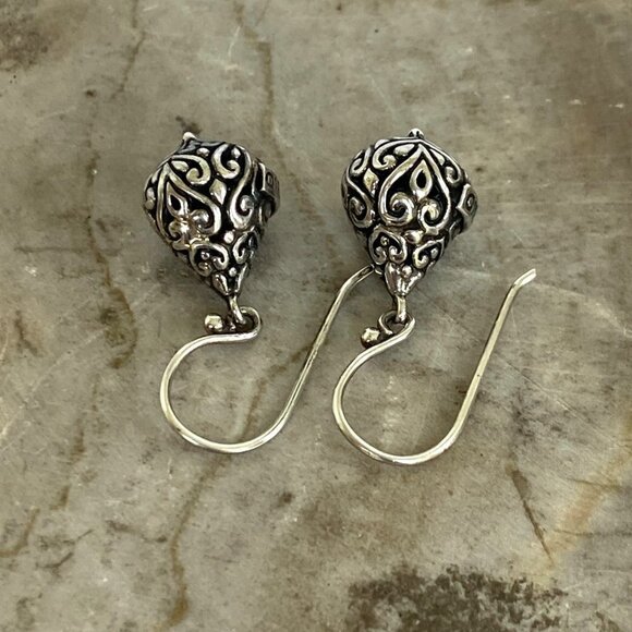 Sterling Silver ATI 925 Bali Style Scrollwork Hollow Teardrop Dangle Earrings - Picture 6 of 16